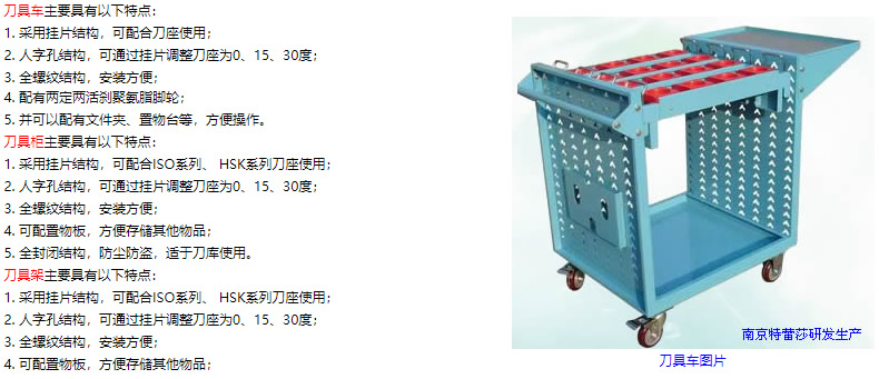 刀具車主要具有以下特點(diǎn)： 1. 采用掛片結(jié)構(gòu)，可配合刀座使用； 2. 人字孔結(jié)構(gòu)，可通過掛片調(diào)整刀座為0、15、30度； 3. 全螺紋結(jié)構(gòu)，安裝方便； 4. 配有兩定兩活剎聚氨脂腳輪； 5. 并可以配有文件夾、置物臺(tái)等，方便操作。 刀具柜主要具有以下特點(diǎn)： 1. 采用掛片結(jié)構(gòu)，可配合ISO系列、 HSK系列刀座使用； 2. 人字孔結(jié)構(gòu)，可通過掛片調(diào)整刀座為0、15、30度； 3. 全螺紋結(jié)構(gòu)，安裝方便； 4. 可配置物板，方便存儲(chǔ)其他物品； 5. 全封閉結(jié)構(gòu)，防塵防盜，適于刀庫(kù)使用。 刀具架主要具有以下特點(diǎn)： 1. 采用掛片結(jié)構(gòu)，可配合ISO系列、 HSK系列刀座使用； 2. 人字孔結(jié)構(gòu)，可通過掛片調(diào)整刀座為0、15、30度； 3. 全螺紋結(jié)構(gòu)，安裝方便； 4. 可配置物板，方便存儲(chǔ)其他物品；